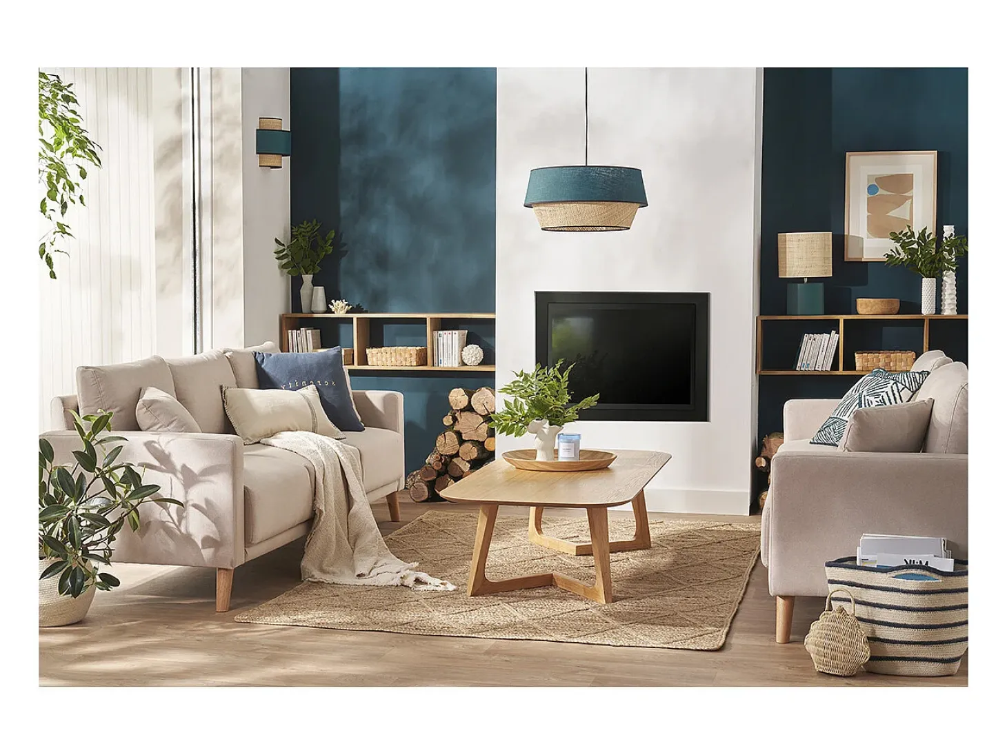 Lámpara de techo de diseño doble material lino azul y rafia natural 45 cm SENSA