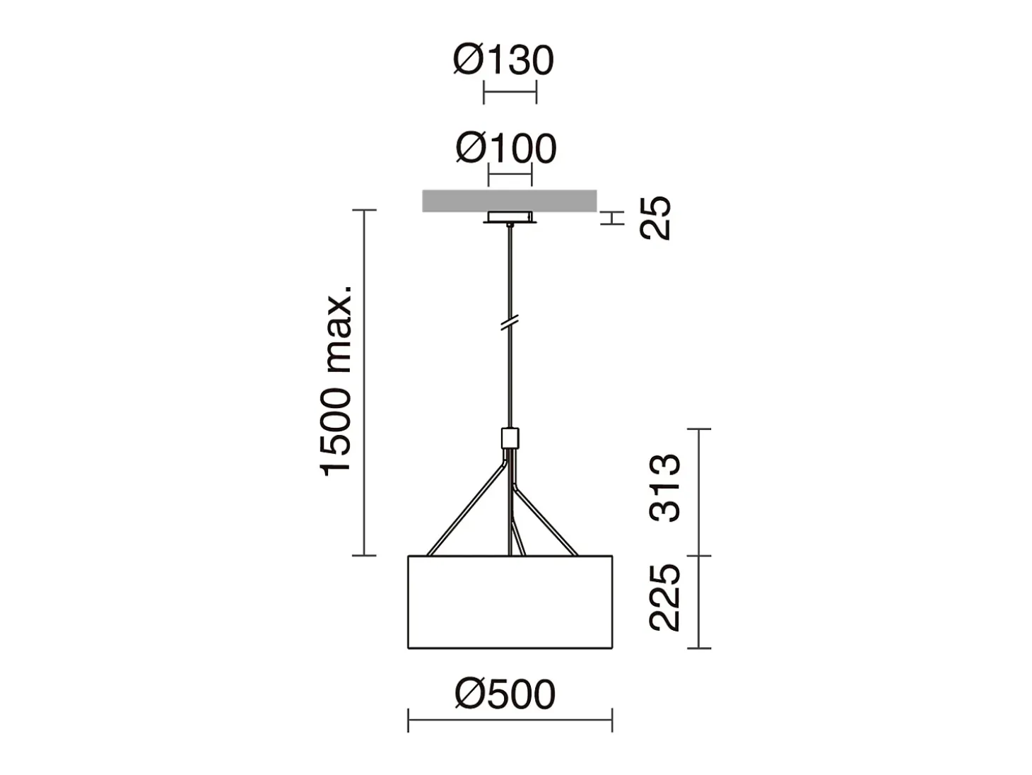 Lámpara de techo DIAGONAL estilo moderno - Alt. 150 cm - 3x E27 13W -pantalla sintética ø50 cm - acero y negro - IP20 - interior