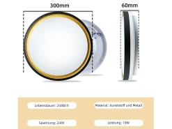 Lámpara de techo LED NETTLIFE para dormitorio, Ø30cm, orientable, 18W, mando a distancia, negro/dorado, diseño moderno