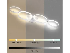 Lámpara de techo LED NETTLIFE de 100 cm regulable con 4 anillos, iluminación blanca moderna de 56 W con control remoto