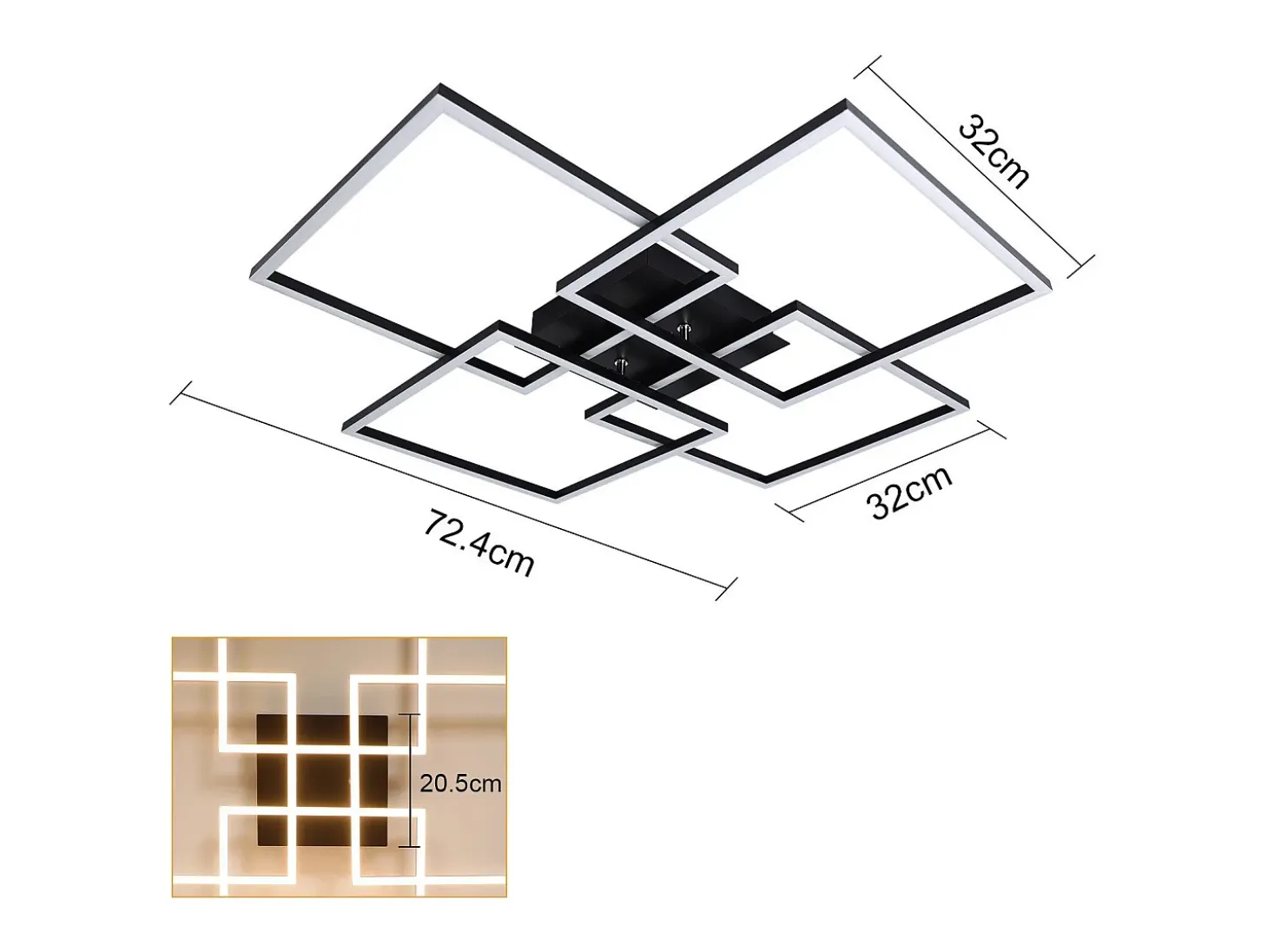 Lámpara de techo LED NETTLIFE de 72 cm, color negro, regulable, con mando a distancia, 48 W, diseño rectangular moderno.