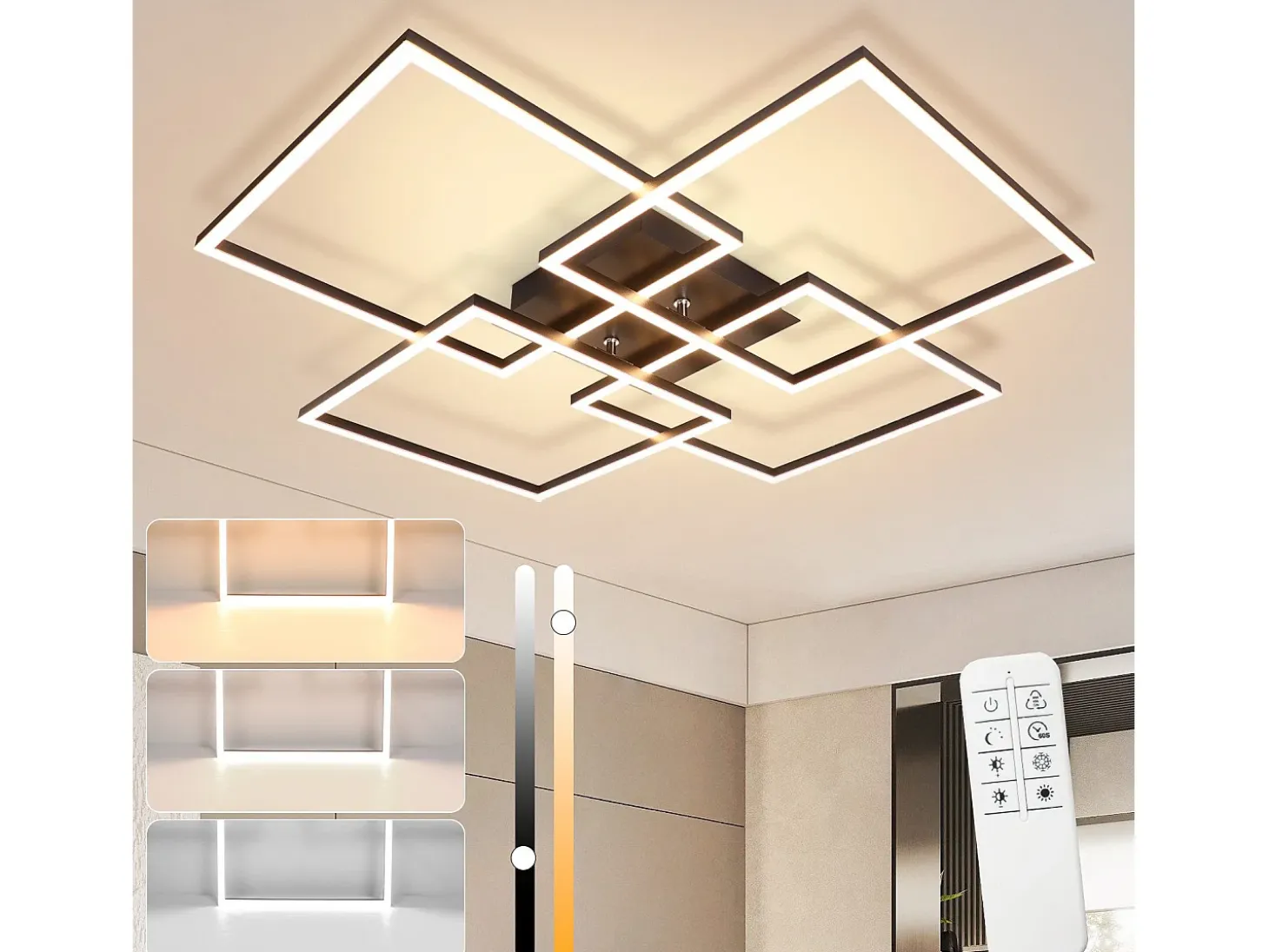 Lámpara de techo LED NETTLIFE de 72 cm, color negro, regulable, con mando a distancia, 48 W, diseño rectangular moderno.