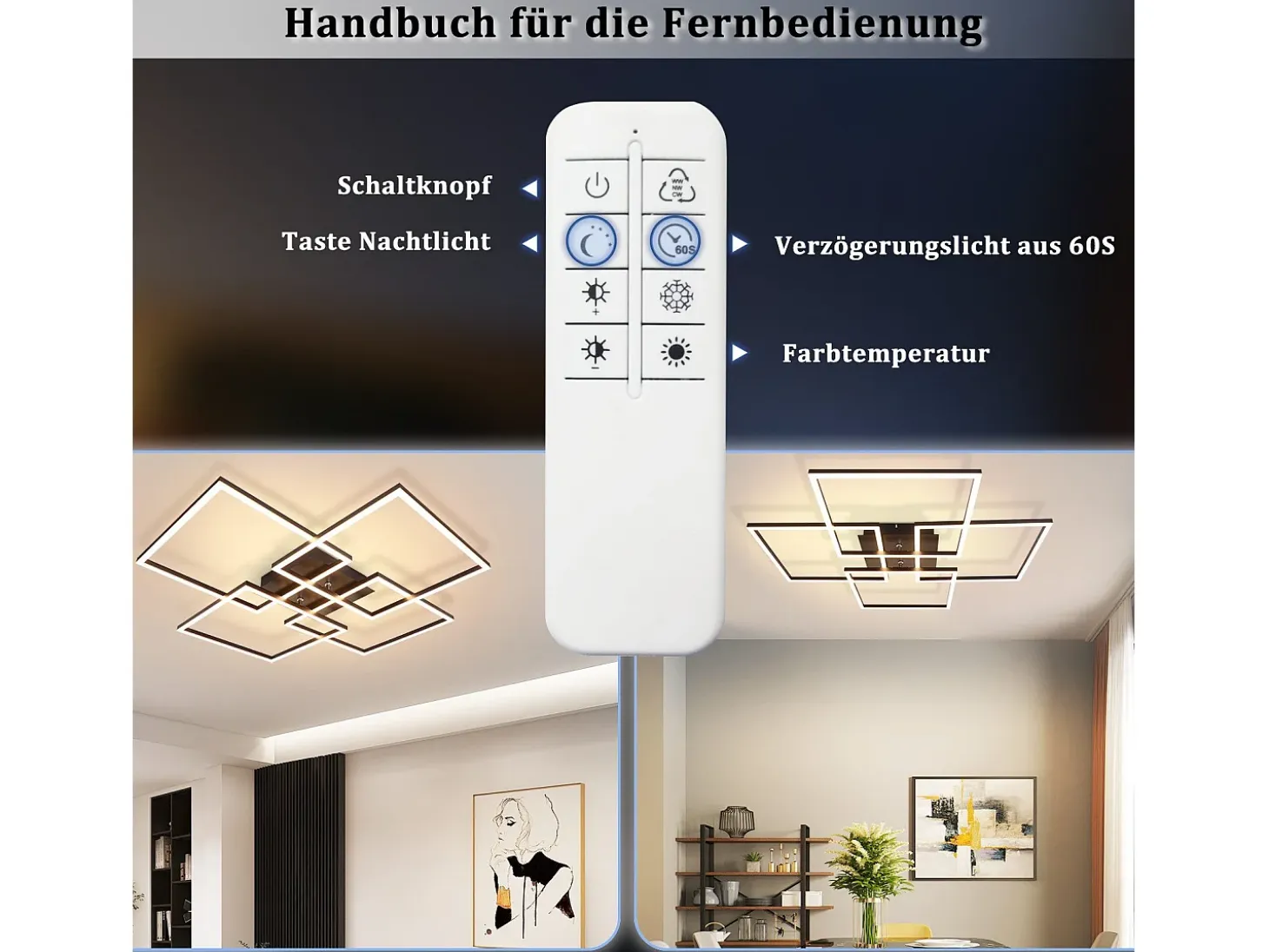 Lámpara de techo LED NETTLIFE de 72 cm, color negro, regulable, con mando a distancia, 48 W, diseño rectangular moderno.