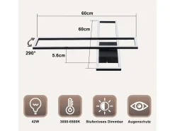Lámpara de techo LED NETTLIFE de 42 W, color negro, moderna, regulable de forma continua, diseño rectangular, para salón, dormitorio, cocina u oficina.
