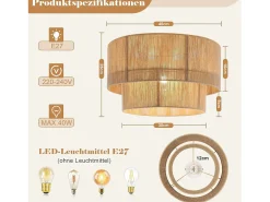Lámpara de techo Nettlife Boho de yute natural, Ø40 cm, estilo rústico vintage, casquillo E27, para salón, dormitorio, cocina y pasillo (bombilla no incluida).