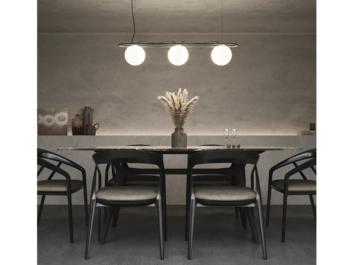 Lámpara de techo OXY estilo clásico y atemporal - D. 20 cm x Alt. 130 cm - 3x esfera opal ø20 -cable 3 mts -E27 40W - IP40 - acero y negro