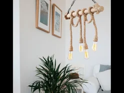 Lámpara rústica colgante de alambre 4 luces cuerdas y madera LOANE - Ambiente cálido y auténtico