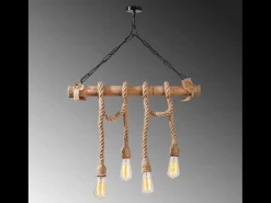 Lámpara rústica colgante de alambre 4 luces cuerdas y madera LOANE - Ambiente cálido y auténtico