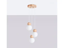 Lámparas Colgantes Pekka Escandinavo De Vidrio/Madera - 3 Fuentes Luminosas - L.31 X A.124 Cm - Blanco/Madera Natural