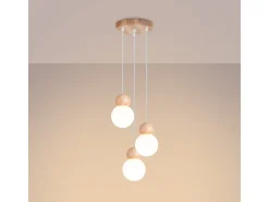 Lámparas Colgantes Pekka Escandinavo De Vidrio/Madera - 3 Fuentes Luminosas - L.31 X A.124 Cm - Blanco/Madera Natural