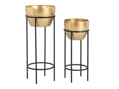Lote de 2 maceteros de metal con soporte - D. 25 cm y D. 30 cm - Dorado y negro - NABA