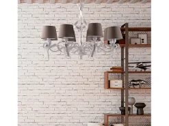Lucy - Lámpara de araña blanca shabby chic con pantallas gris paloma, 8 luces Ø84 cm