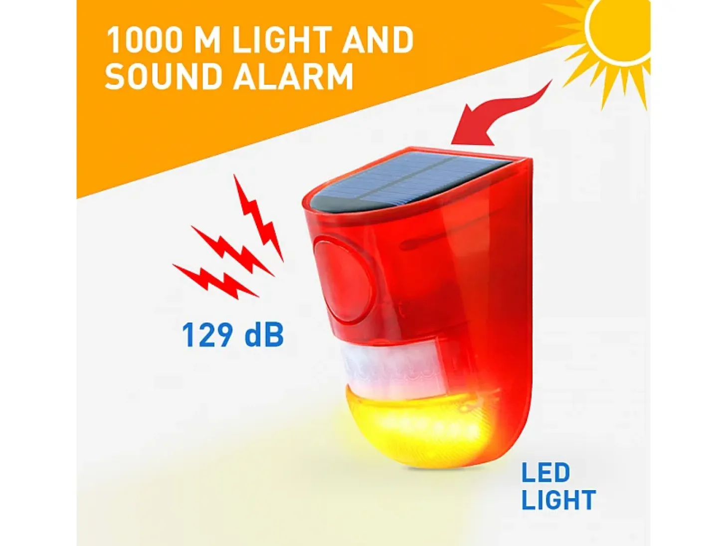 Luz LED con sirena intermitente y sensor antirrobo de energía solar Detector
