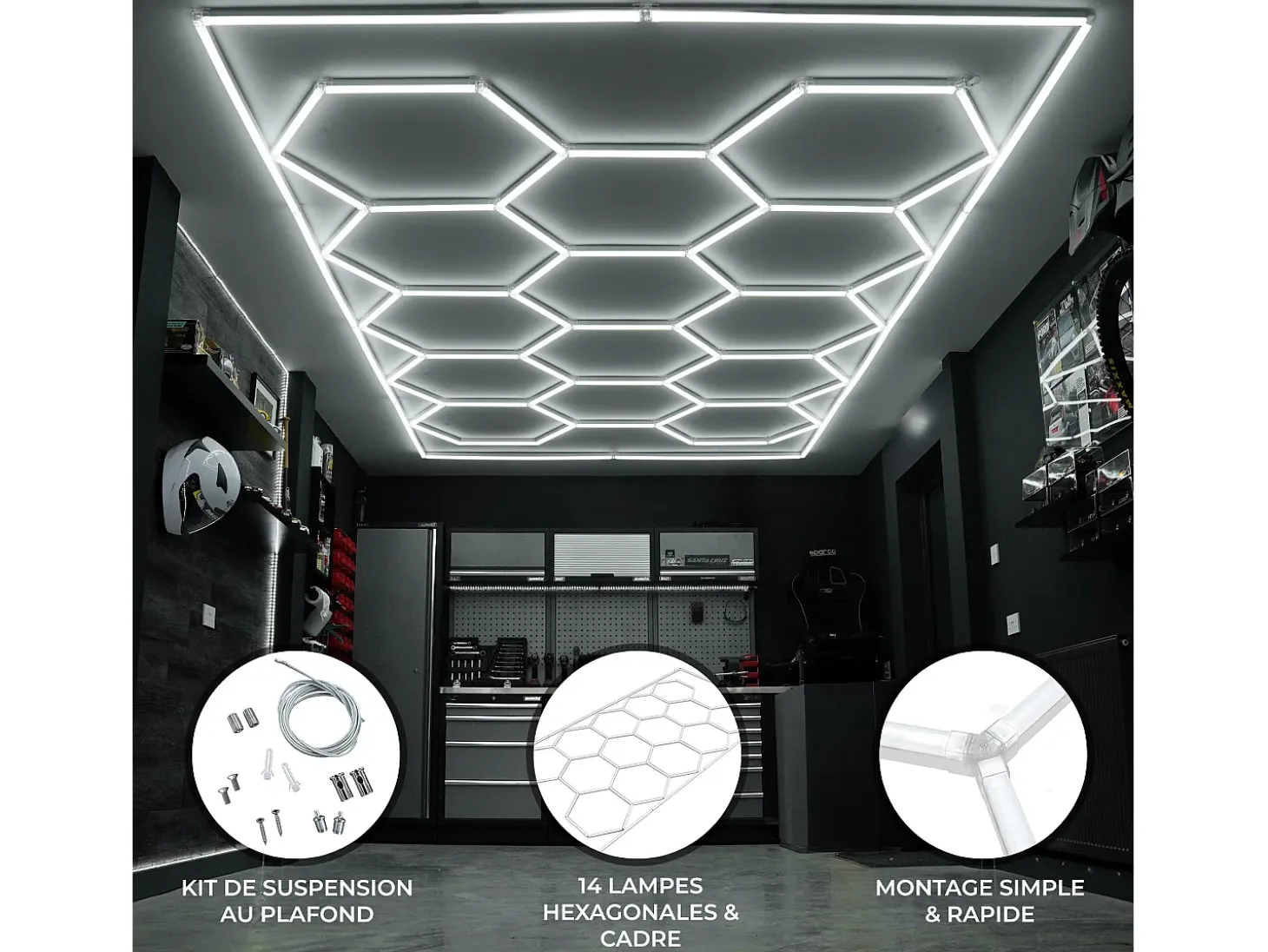 Luz LED hexagonal 14 luces y borde Detalle del coche Garaje Taller Gimnasio Panal