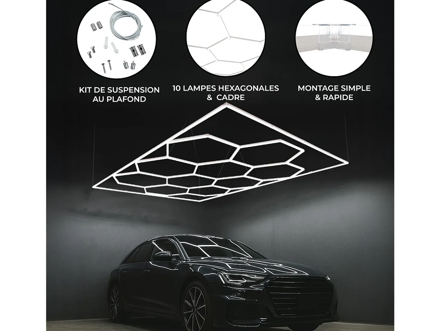 Luz LED hexagonal 10 panales y borde Detalle del coche Garaje Taller Gimnasio Panal