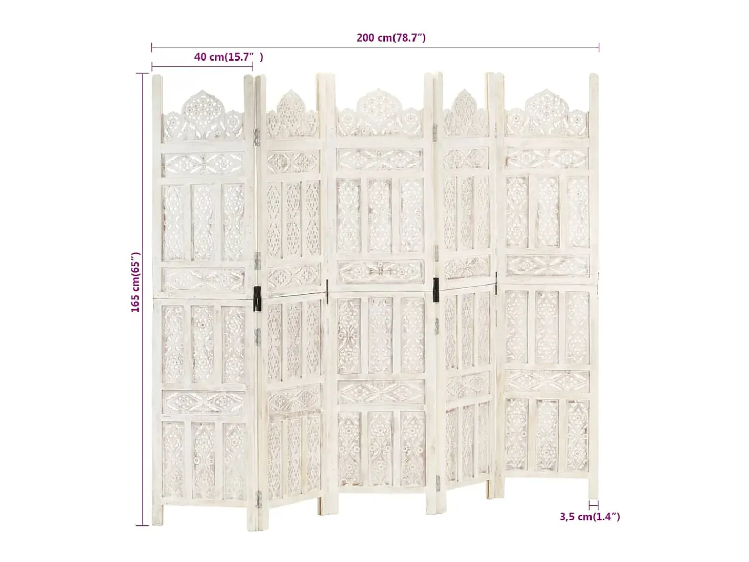 Mampara divisoria 5 paneles Blanco 200x165 cm Madera de mango