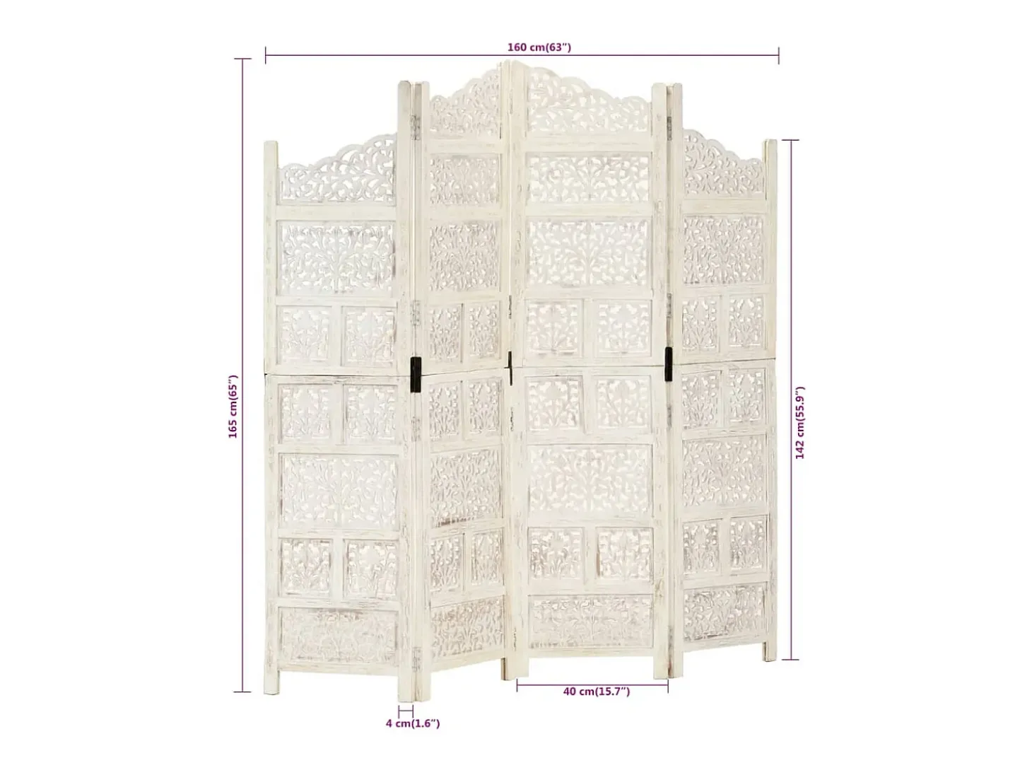 Mampara divisoria de 4 paneles Blanco 160x165 cm Madera de mango