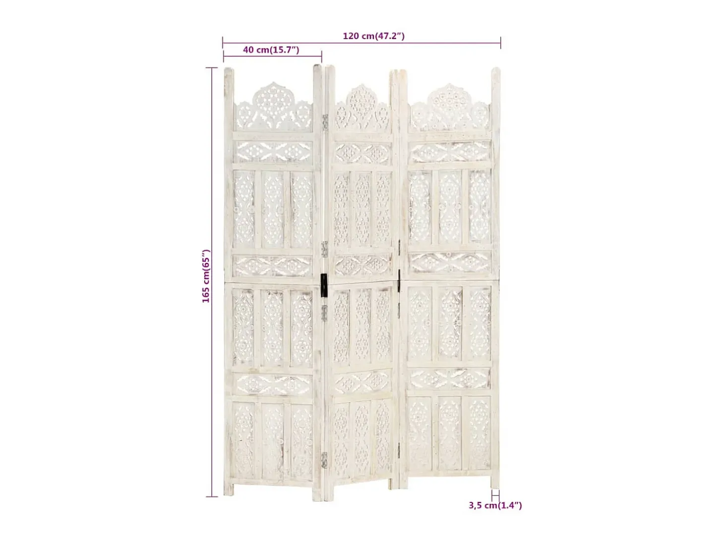 Mampara divisoria de 3 paneles Blanco 120x165 cm Madera de mango
