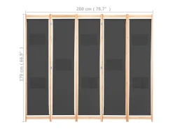 Mampara divisoria de 5 paneles Gris 200 x 170 x 4 cm Tela