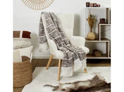 Manta de Punto Trenzado Taupe con Flecos 120x150 cm 100% Poliéster Confort Cocooning