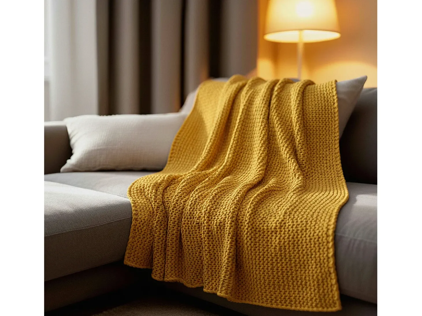 Manta plaid amarilla relieve con borlas 130x170cm TRICOT - SACASA