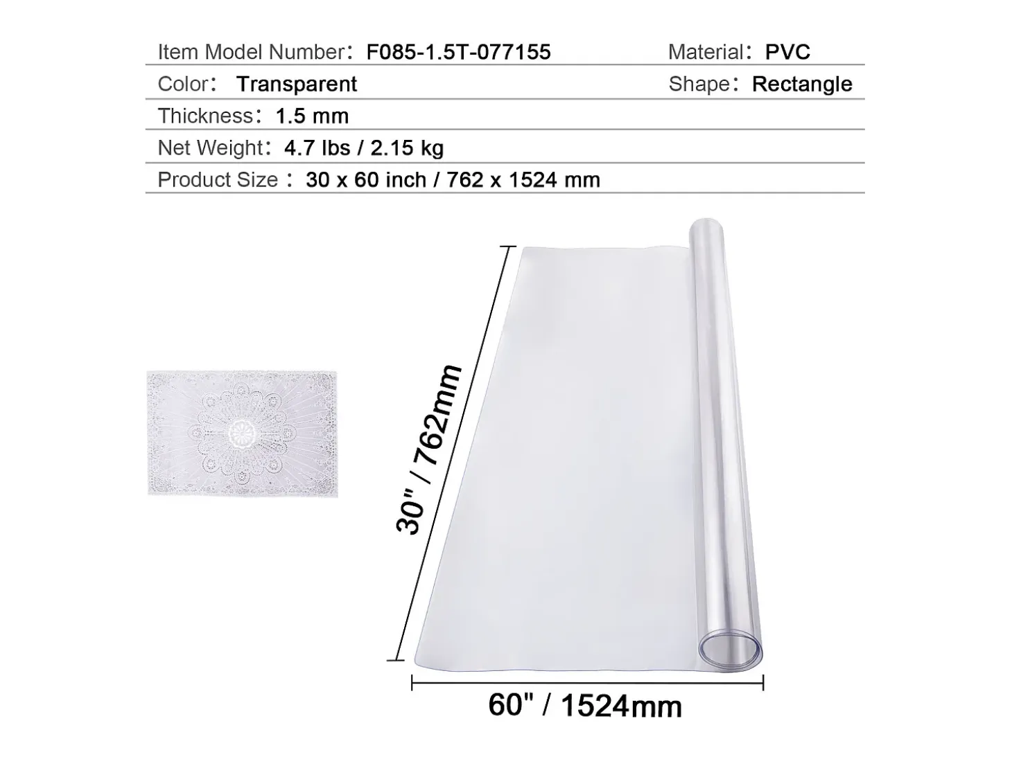 Mantel SucceBuy Protección de Mesa en PVC, 76 X 152 CM, Manguito en Plástico Transparente, 0.15CM de Grosor