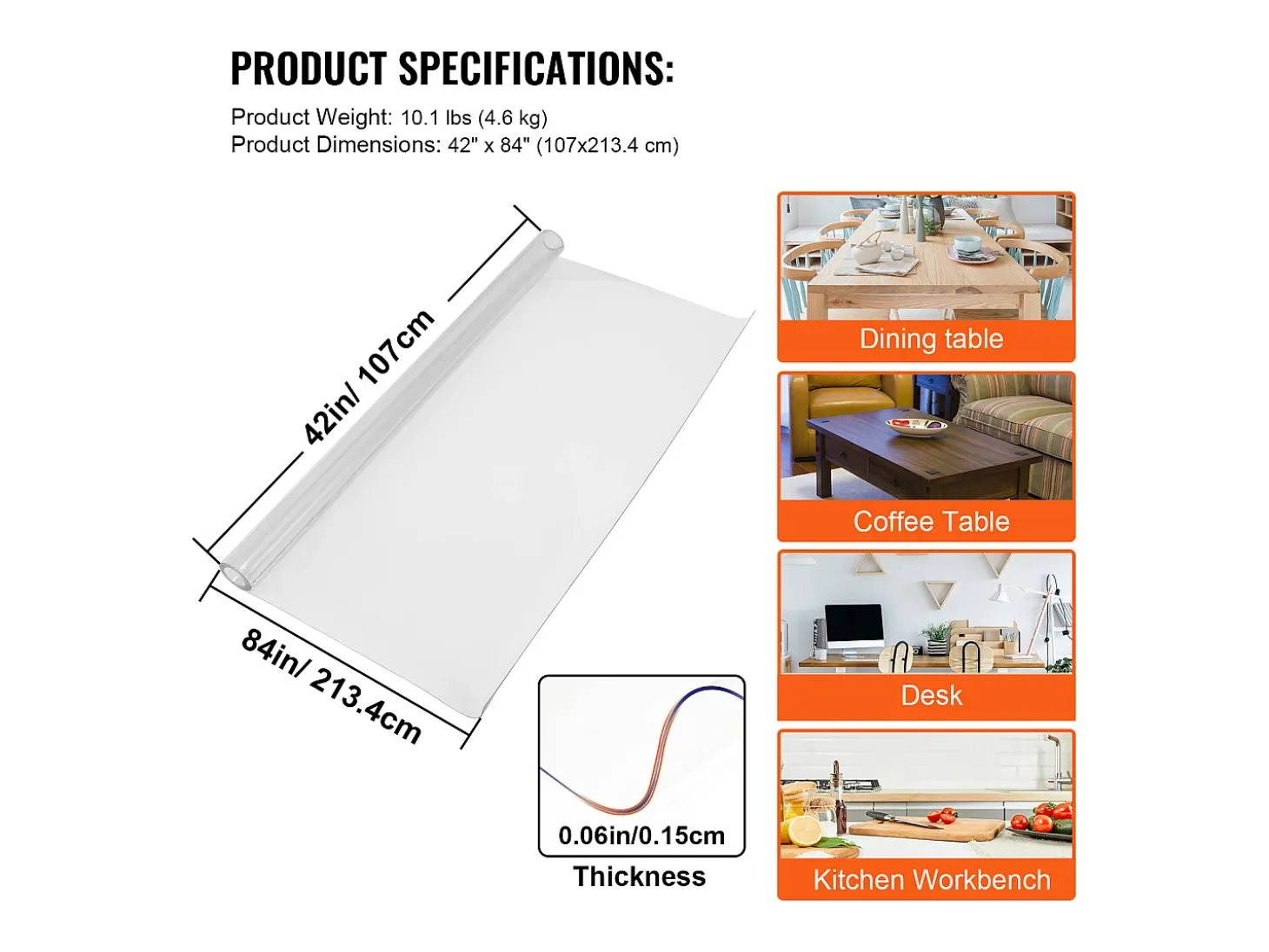 Mantel Transparente SucceBuy Mantel de Plástico de 213 x 107 cm, Mantel Grueso Transparente, Mantel Rectangular de PVC