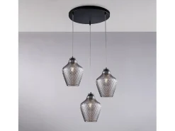 Maya Suspensión en hierro lacado negro con cables eléctricos orientables y difusores en cristal soplado gris espejo con decoración gofrada 3 luces