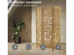 ML-Design Biombo divisorio de 3 paneles modelo Yokohama de madera natural 170 x 121 cm separador de ambientes plegable japonés, pantalla de privacidad
