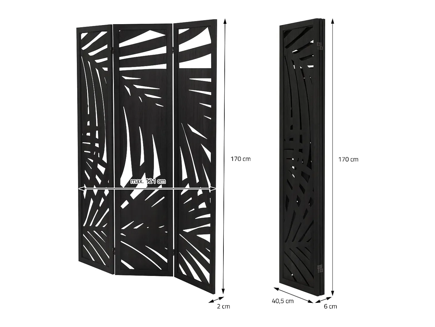 ML-Design Biombo divisorio de 3 paneles modelo Sapporo de madera negra 170 x 121 cm, separador de ambientes plegable japonés, pantalla de privacidad