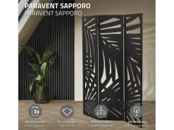ML-Design Biombo divisorio de 3 paneles modelo Sapporo de madera negra 170 x 121 cm, separador de ambientes plegable japonés, pantalla de privacidad