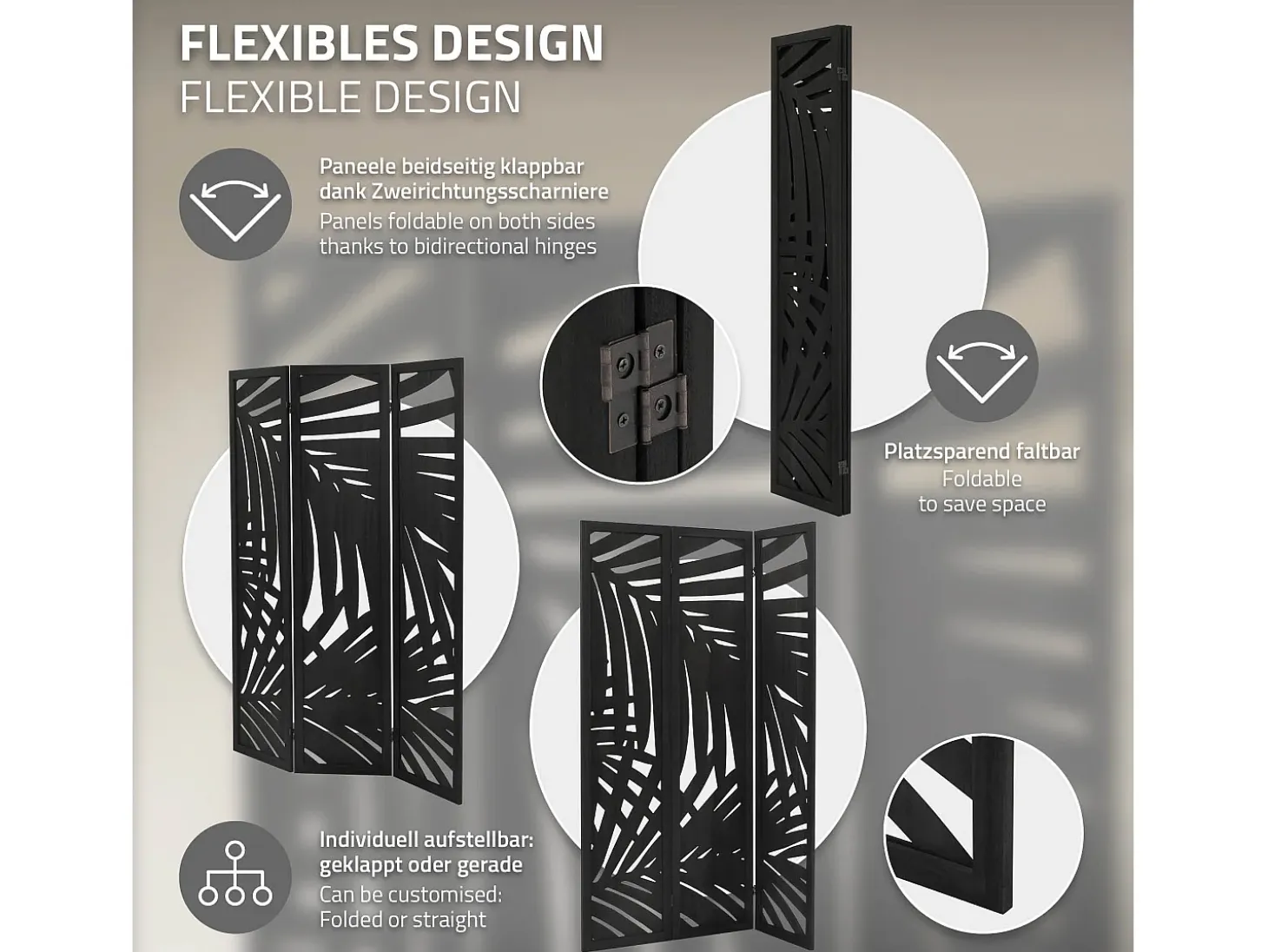 ML-Design Biombo divisorio de 3 paneles modelo Sapporo de madera negra 170 x 121 cm, separador de ambientes plegable japonés, pantalla de privacidad