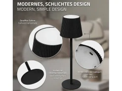 ML-Design Lámpara de mesa LED negra táctil inalámbrica ø10x36cm luz blanca cálida regulable, recargable USB-C, para mesita, escritorio o estudio