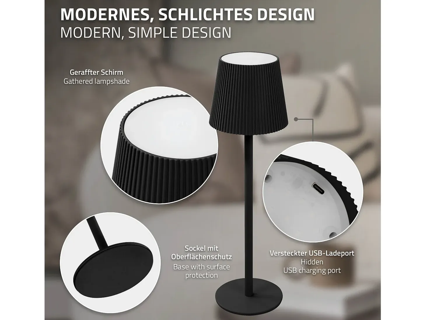 ML-Design Lámpara de mesa LED negra táctil inalámbrica ø10x36cm luz blanca cálida regulable, recargable USB-C, para mesita, escritorio o estudio