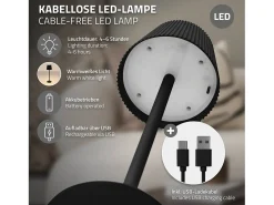 ML-Design Lámpara de mesa LED negra táctil inalámbrica ø10x36cm luz blanca cálida regulable, recargable USB-C, para mesita, escritorio o estudio