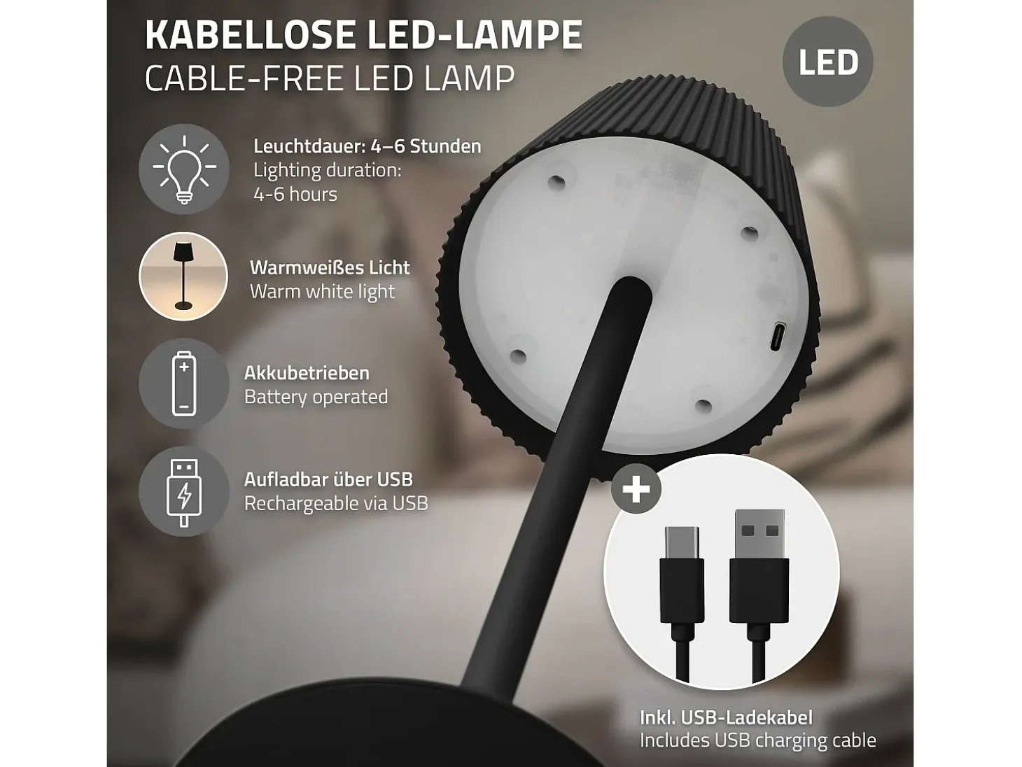 ML-Design Lámpara de mesa LED negra táctil inalámbrica ø10x36cm luz blanca cálida regulable, recargable USB-C, para mesita, escritorio o estudio