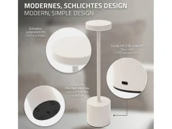 ML-Design Lámpara de mesa LED crema táctil inalámbrica Ø8x34,5cm foco de luz blanca regulable, recargable con USB-C para mesita, escritorio o estudio