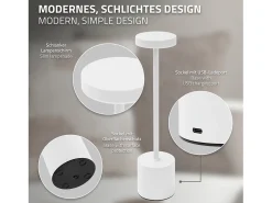 ML-Design Lámpara de mesa LED blanca táctil inalámbrica Ø8x34,5cm foco de luz blanca regulable, recargable con USB-C para mesita, escritorio o estudio