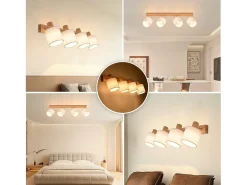 NETTLIFE 4 Focos de techo de salón modernos de madera E14 giratorios 350° MAX.25W Lámpara de pantalla de tela para dormitorio (sin bombilla)