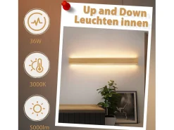 NETTLIFE - Lámpara de pared LED de madera para interiores (100 cm, 36 W, luz indirecta, arriba y abajo, blanco cálido de 3000 K)