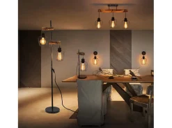 NETTLIFE Aplicación mural interior de madera vintage retro con interruptor de diseño industrial, lámpara spot mural E27 negra con metal.