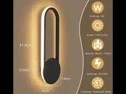 NETTLIFE Aplique LED de pared para interiores - Lámpara de escalera de 12 W, 41 cm, diseño moderno, color negro, 3000 K