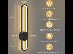 NETTLIFE Aplique LED de pared para interiores - Lámpara de escalera de 12 W, 60 cm, color negro, diseño moderno, lámpara de pasillo, 3000 K