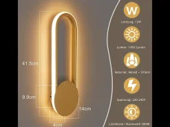 NETTLIFE Aplique LED de pared para interiores - 12 W, 41 cm, lámpara de escalera dorada, lámpara de pasillo, diseño moderno, blanco cálido 3000 K