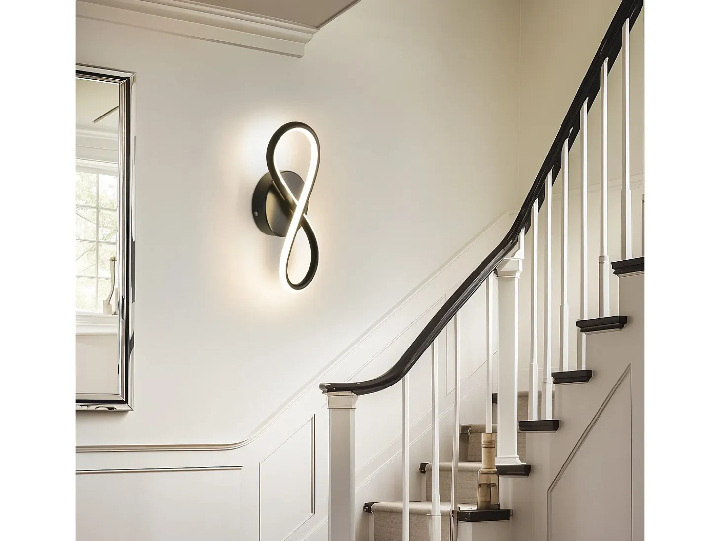 NETTLIFE Aplique LED de pared negro de 7 W, diseño curvo, blanco cálido de 3000 K para escaleras interiores