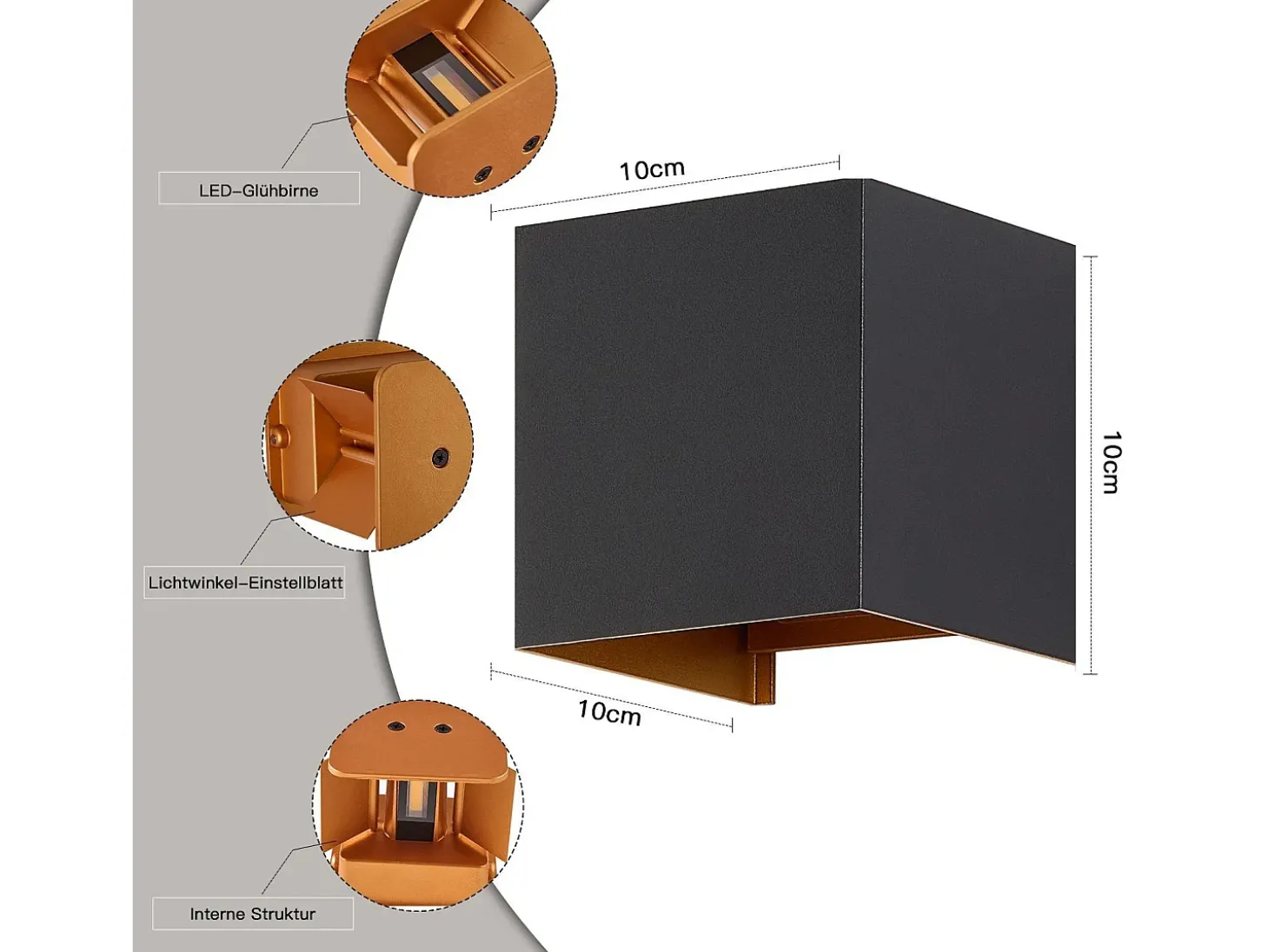 NETTLIFE Aplique mural exterior LED, aplique interior, lote de 4, negro - oro, 5W, IP65, orientable, 3000K.