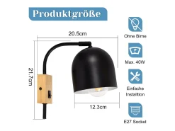 NETTLIFE Apliques de Pared Aplique de Madera con Interruptor - Aplique E27 Foco de Pared Giratorio Lámpara de Pasillo Vintage de Metal Negro Interior