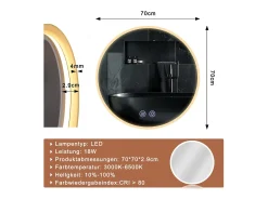 NETTLIFE Espejo con iluminación redonda Espejo de pared LED IP44 redondo 70cm con función de espejo táctil iluminado con luz regulable