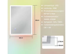 NETTLIFE Espejo con luz - 60x80cm Espejo de pared LED Vidrio antireflejo Espejo de baño con espejo táctil