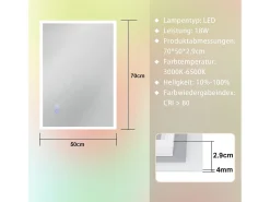 NETTLIFE Espejo con luz 50x70cm Espejo de pared LED Vidrio antireflejo Espejo de baño con espejo táctil